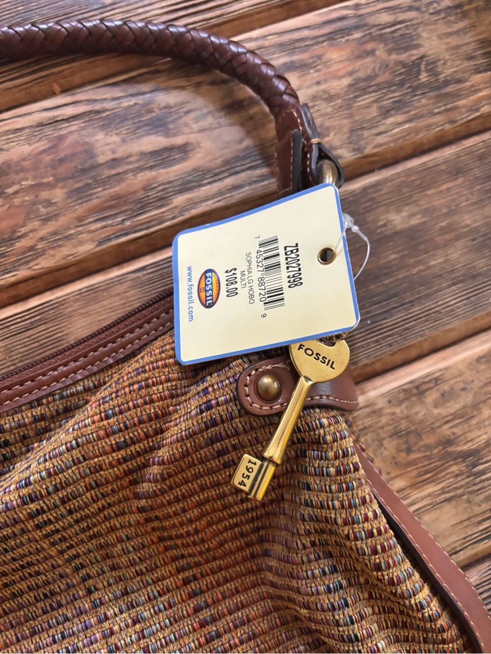 Fossil Brown Multi-Tone Woven Shoulder Bag with Leather Trim - Picture 2 of 5